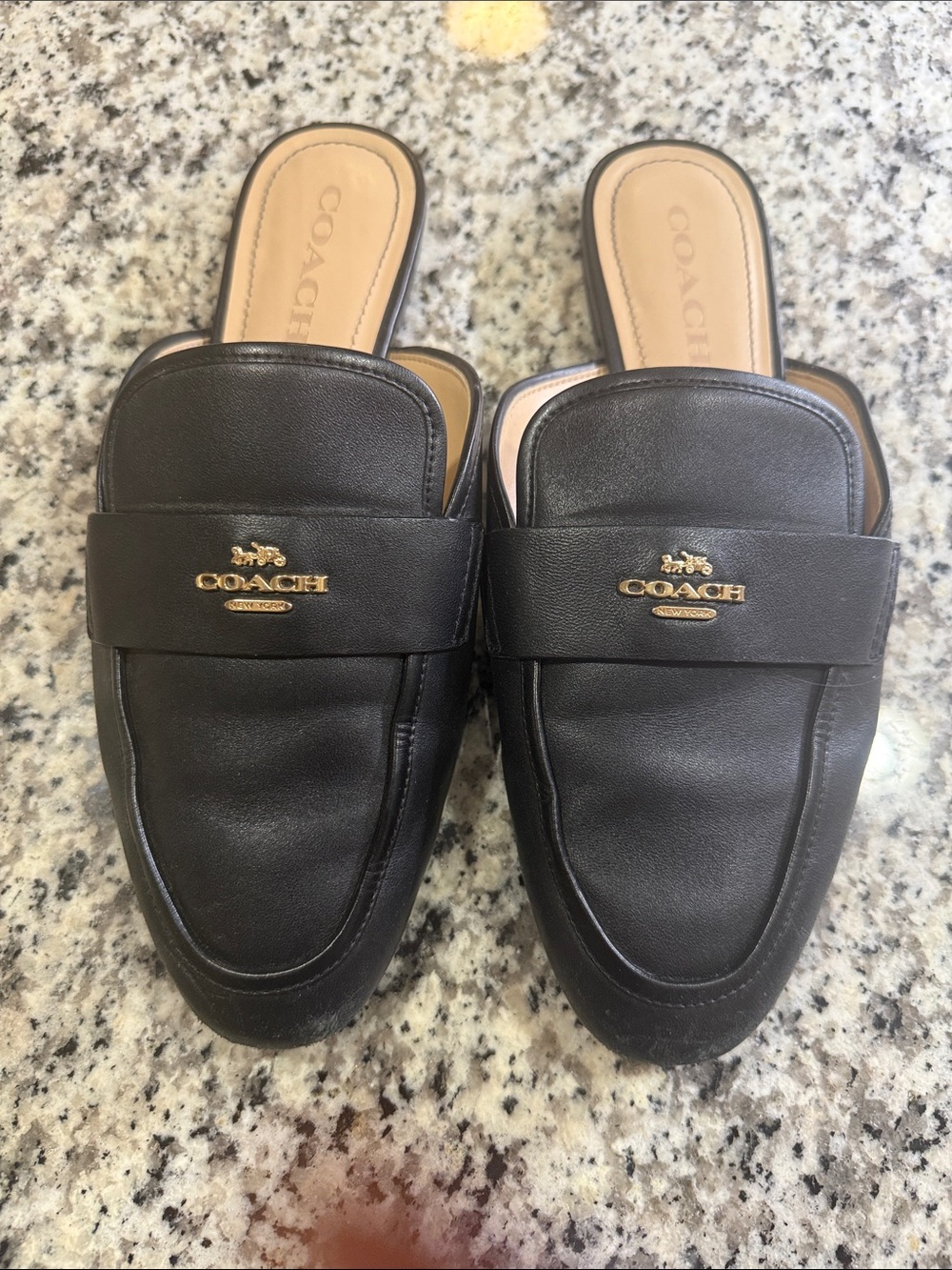 Coach Black Leather Slip-On Mule Loafers with Gold Logo